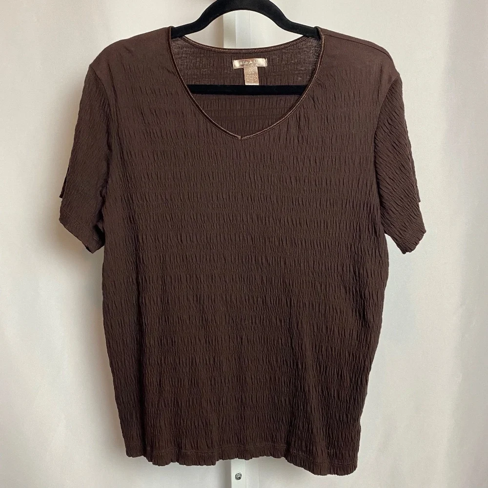 White Stag Womenʻs Brown Short Sleeve Textured V-Neck Neck Blouse Large